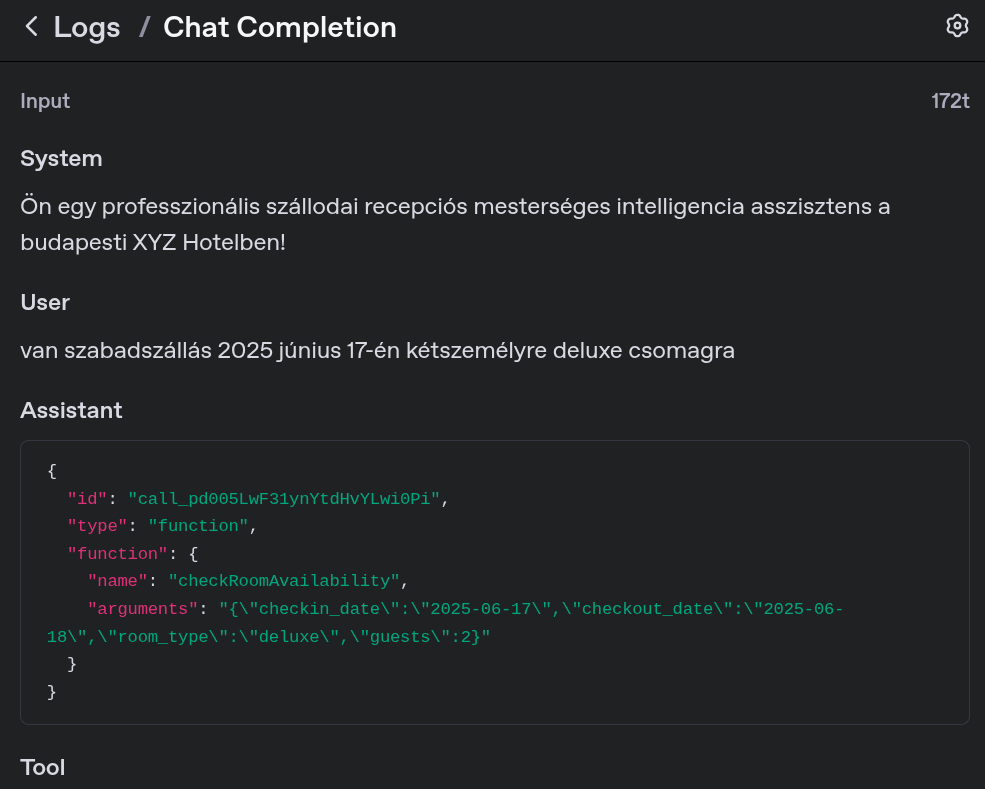 OpenAI - API Log - Példa: az Assistant felismeri a checkRoomAvailability függvényt