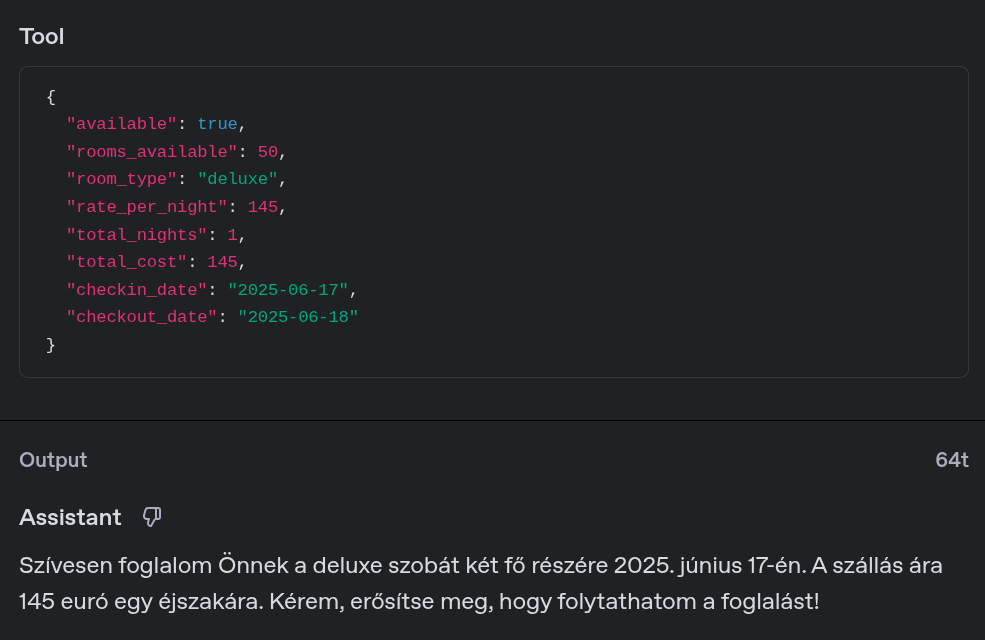 OpenAI - API Log - Példa: A Tool válasz alapján az AI tovább viszi a folyamatot